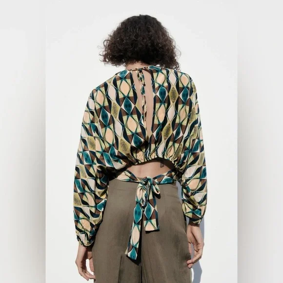 Zara Multicolored Round Neck Bohemian Printed Open Back Tied Top Sz M - Picture 4 of 15